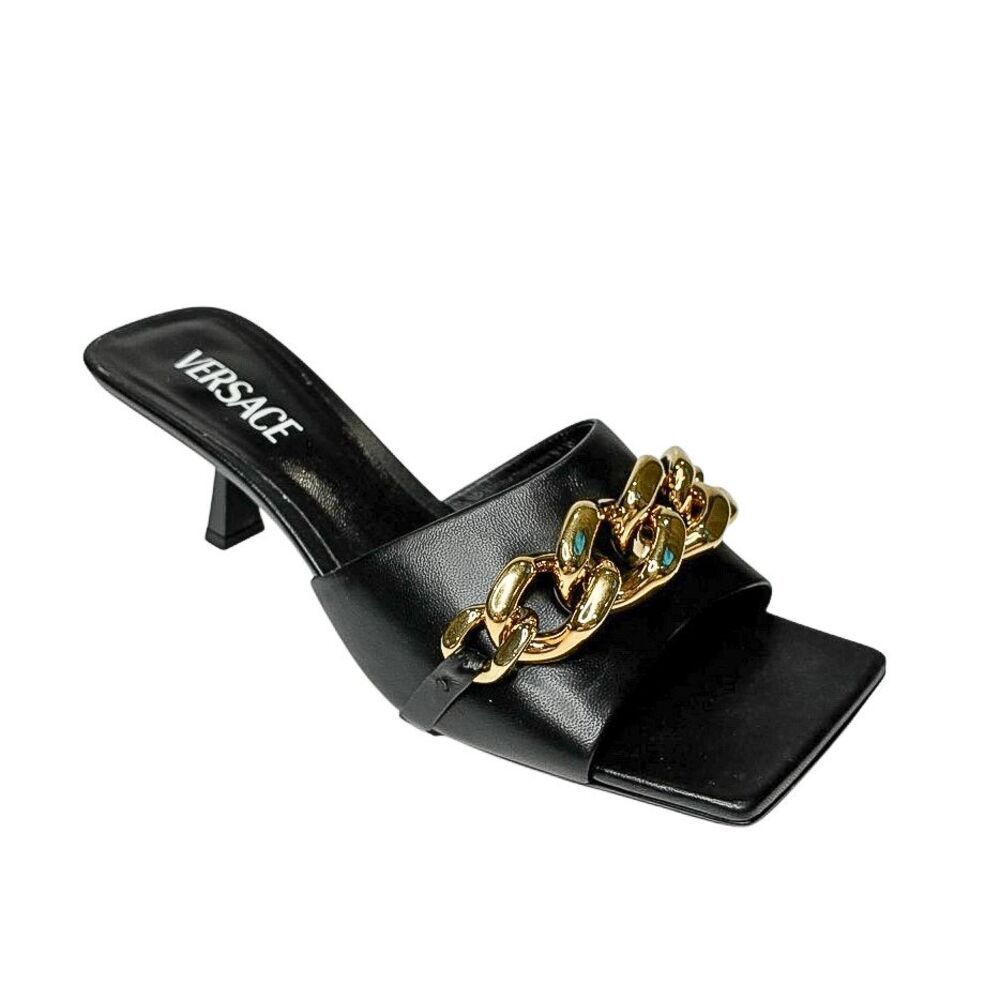 Versace Medusa Chain Link Mule Slip On Sandals Black Leather EU 39.5 Kitten Heel